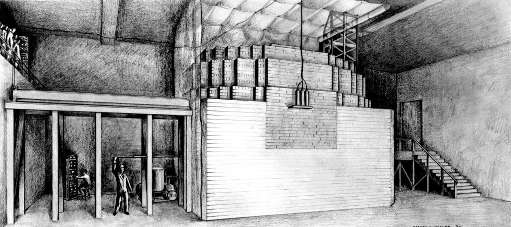 Sketch of the world’s first nuclear reactor, Chicago Pile-1 or CP-1