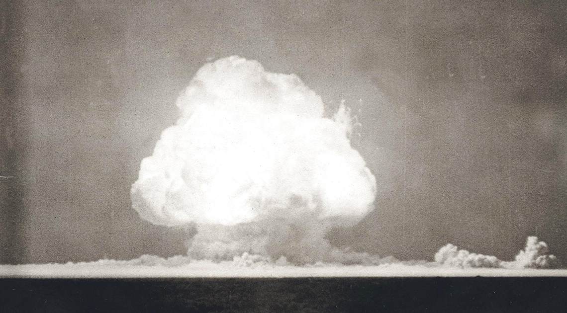 Picture of the mushroom cloud created in Alamogordo, New Mexico, on July 16, 1945, by the first successful detonation of a nuclear weapon.
