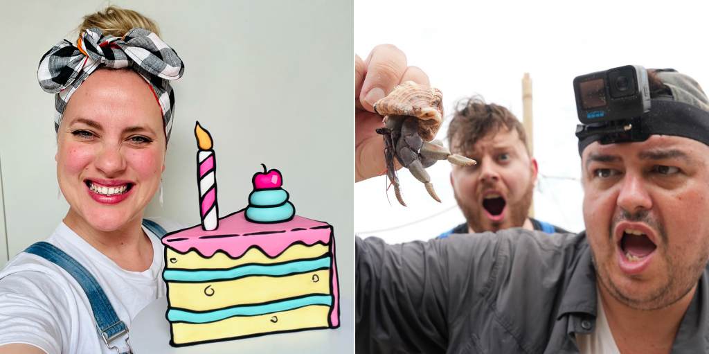 Photo of Tigga Mac holding a cake that looks like a 2D cartoon. Photo of Daz Black and BitMoreDave holding a hermit crab and making shocked faces.