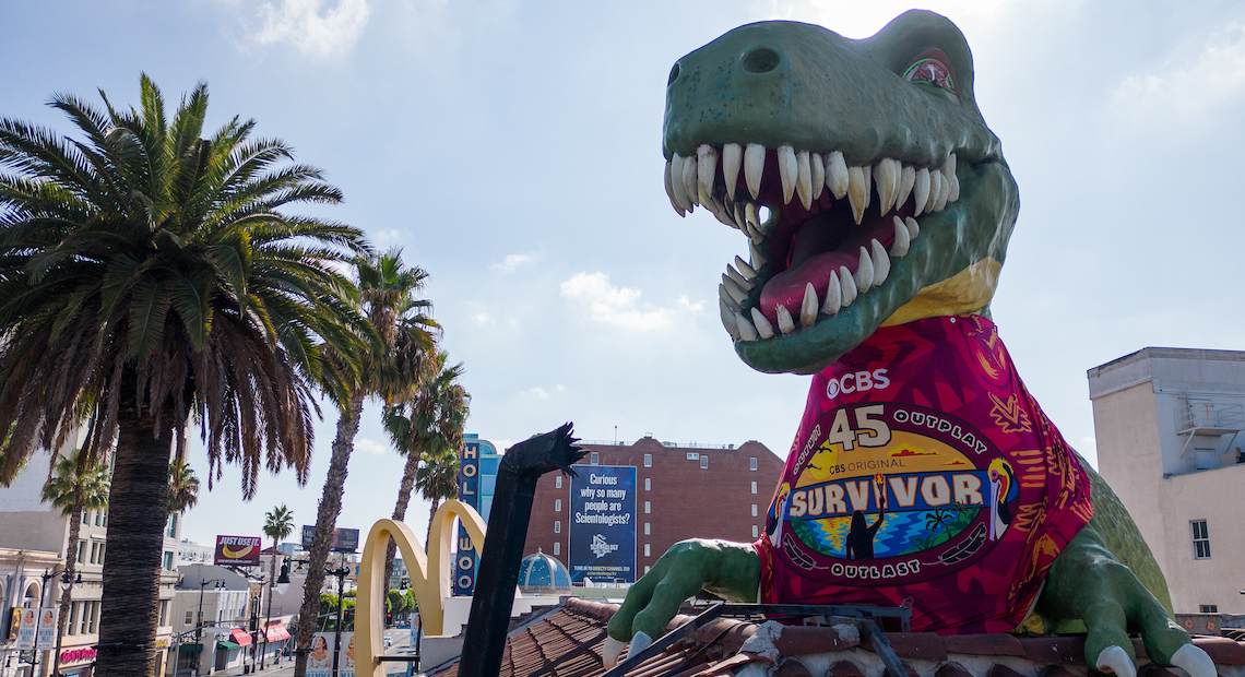 Ripley's Dino rocking the Survivor buff at Ripley’s Believe It or Not! in Hollywood.