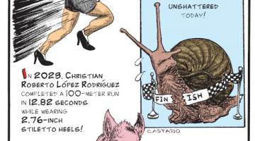 1. In 2023, Christian Roberto López Rodríguez completed a 100-meter run in 12.82 seconds while wearing 2.76-inch stiletto heels! 2. In 1995, a snail named Archie covered 13 inches in 2 minutes, setting the World Snail Racing Championships record - it remains unshattered today! 3. Pennywell Farm in the United Kingdom is famed for its miniature pig races!