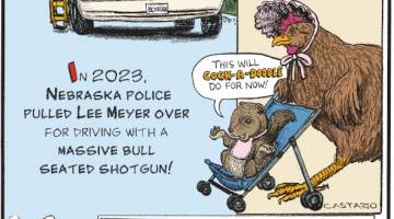 1. In 2023, Nebraska police pulled Lee Meyer over for driving with a massive bull seated shotgun! 2. In August 2023, Scottish officials rescued an orphaned baby squirrel that a mother hen had temporarily adopted! 3. The town of Boring, Oregon, is sister cities with the village of Dull in Scotland!
